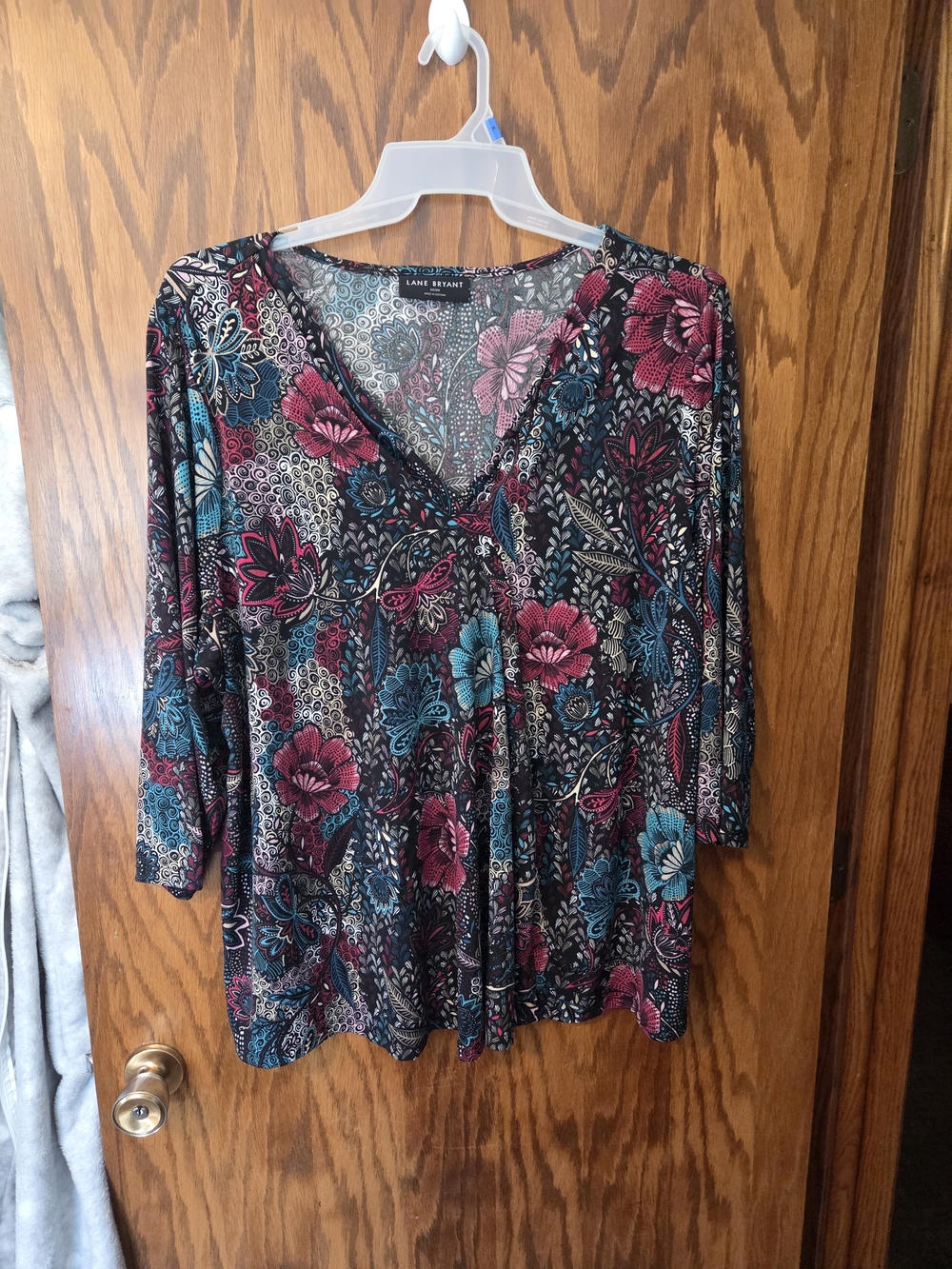 Lane Bryant Black Floral V-Neck Top with Pink & Teal Accents